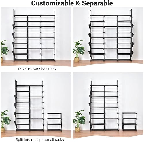 Vista 4 de Zapatero de 9 niveles, 42 pares de estantes para zapatos con ganchos laterales, metal resistente, apilable, desmontable, negro, organizador