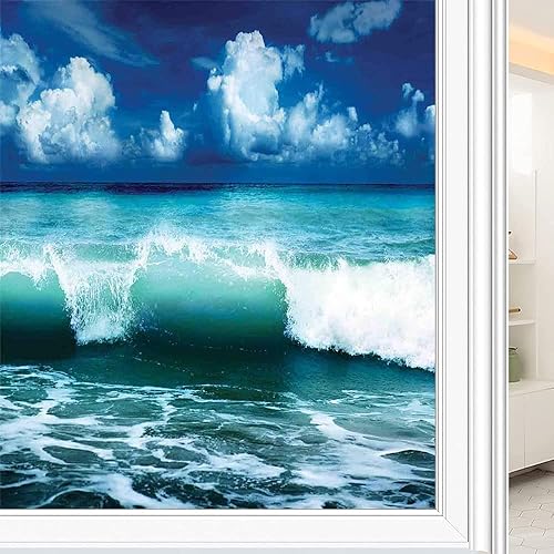 Vista 112 de Tropic - Película 3D para ventana, palmeras tropicales oceánicas en isla soleada, imagen panorámica, para puerta de cristal, baño, sala de estar