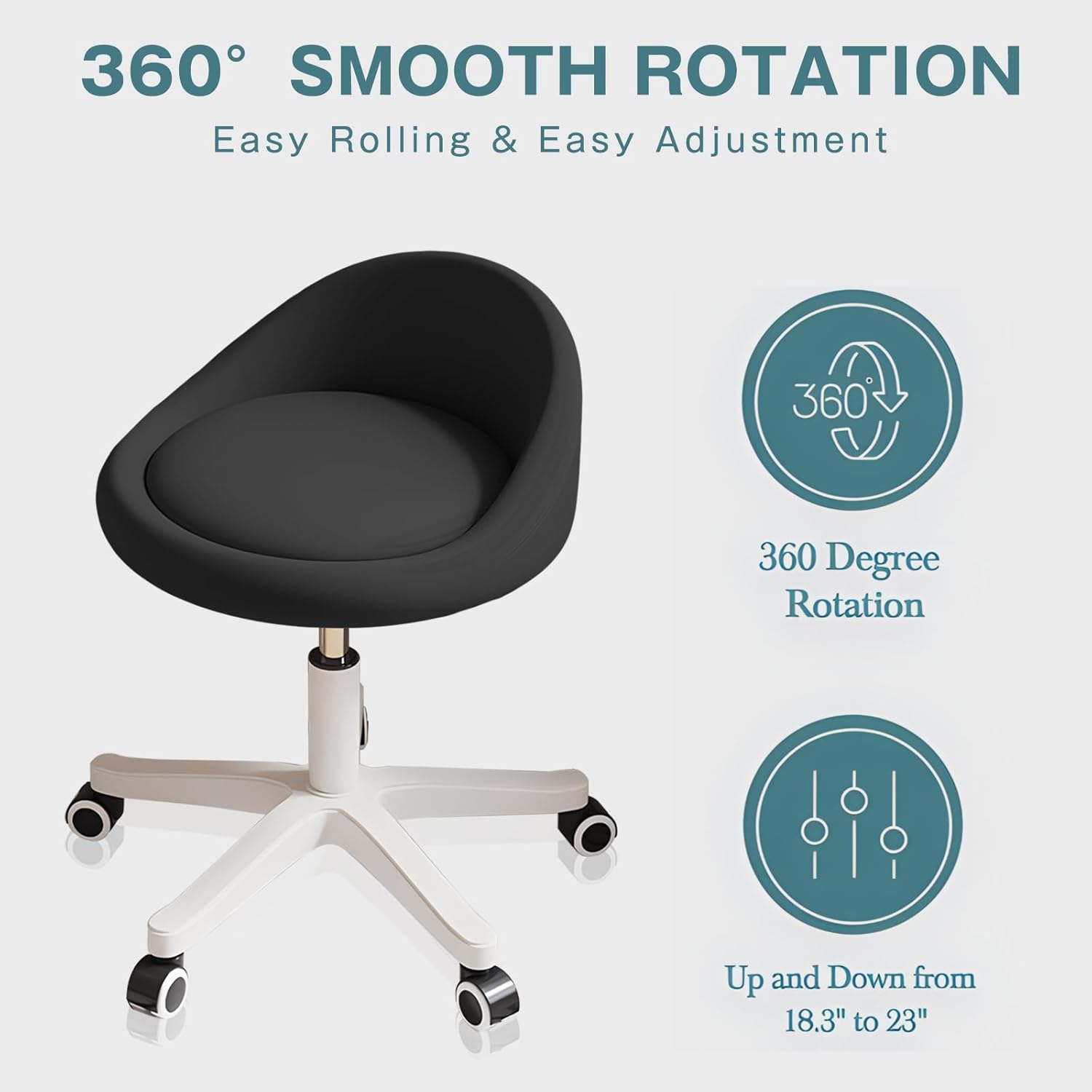 Rolling Stool Chair with Backrest, Round PU Leather Adjustable Height Hydraulic Swivel Rolling Stool for Spa Salon Tattoo Massage Doctor Dental Medical Office Black