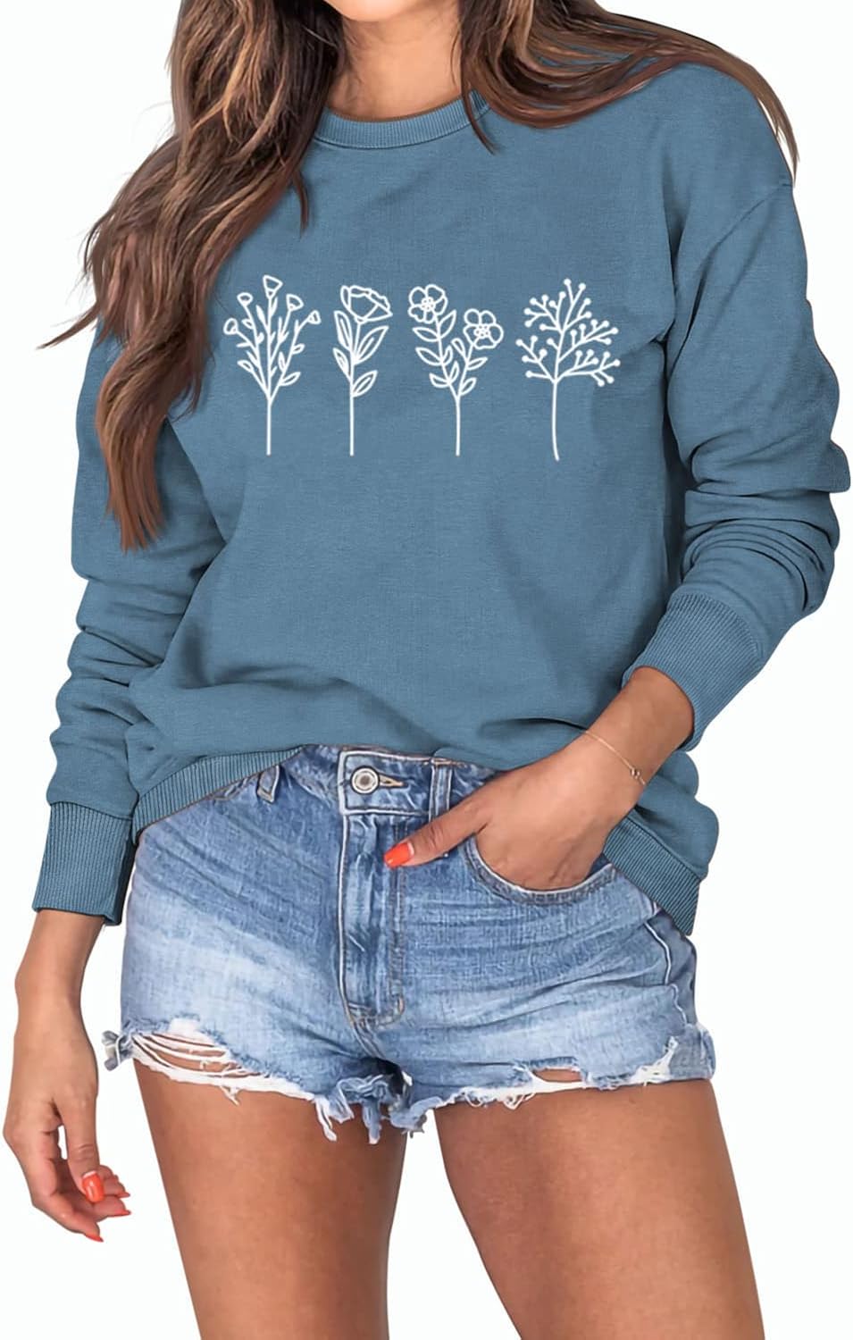 MEKOTSK Flower Sweatshirt Women Plants Graphic Shirts Long Sleeve Crew Neck Floral Pullover Tops Gardener Shirt Gifts