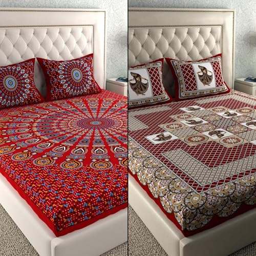 Image of LA VERNE Combo Pack of 2 Double Bedsheet with 4 Pillow Covers | Cotton Double Flat 104 TC Jaipuri Prints Bedsheet Size 240 X 220 CM (Maroon)