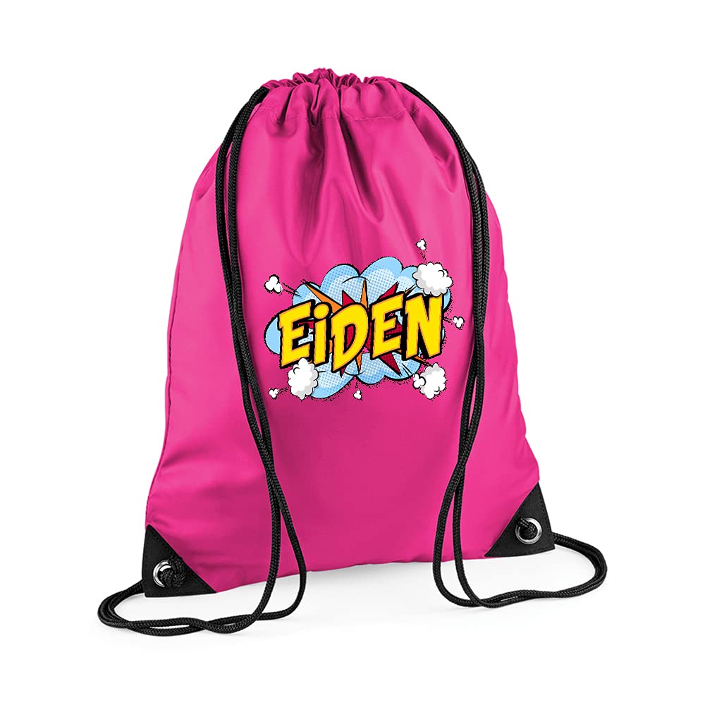 Getagift Personalised with Any Name Comic Pop Art Themed Gift for Children, Kids, Girls/Boys, Back to School, Premium Drawstring Bag, PE Gym Kit School, Swimming, PE Kids Sport Rucksack. (Fuchsia)