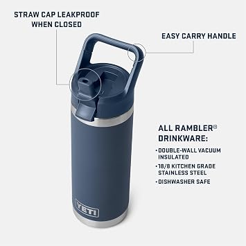 YETI Rambler 18 oz Bottle, Vacuum Insulated, Stainless Steel with Color Matching Straw Cap, Sea View