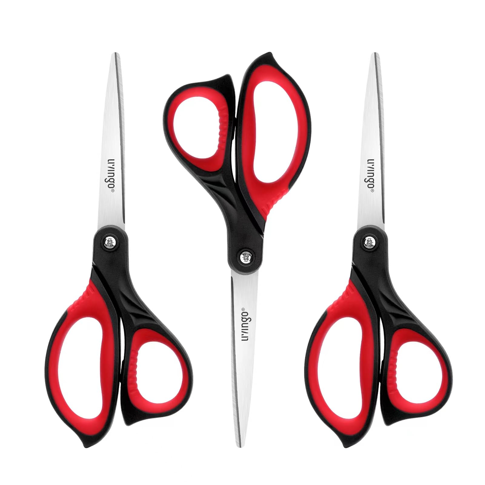 LIVINGO 3 Pack Scissors Heavy Duty, Sharp Stainless Steel Blades with Soft Handles, Ideal for Office School, and Home Sewing