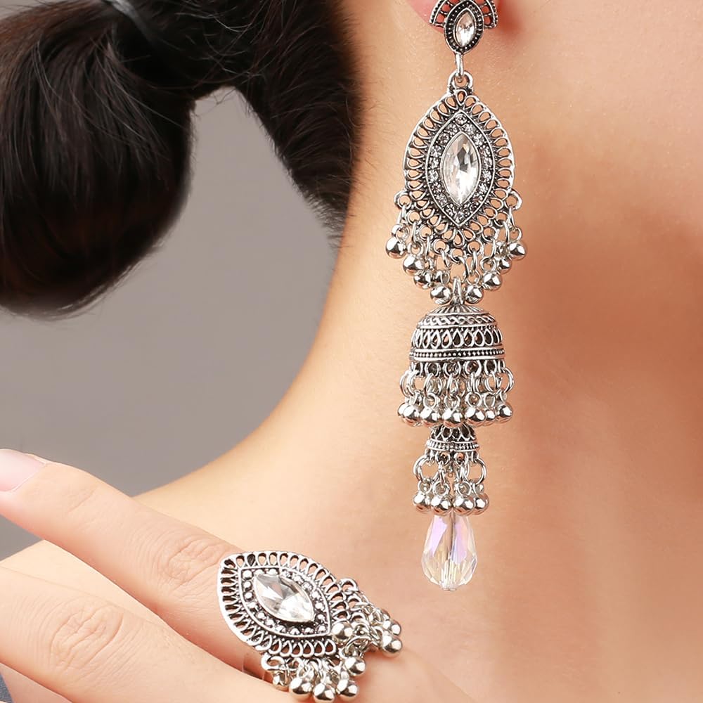 Jhumka Long Tassel Bell Earrings Vintage Jhumki Bollywood Traditional Ethnic Dangle Drop Bohemian Chandelier Earring for Women Oxidized Crystal Wedding Party Festival Indian Jewelry Gift - Image 3