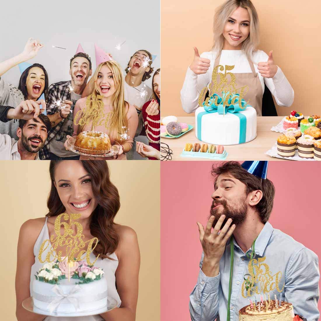 Gold Glitter 65 Years Loved Cake Topper - Happy 65th Birthday Party Decorations