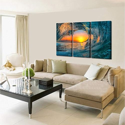 Miniatura 3 de KREATIVE ARTS Lienzo grande de 3 piezas de impresiones artísticas para pared, puesta de sol, mar, agua, olas del océano, pinturas modernas,