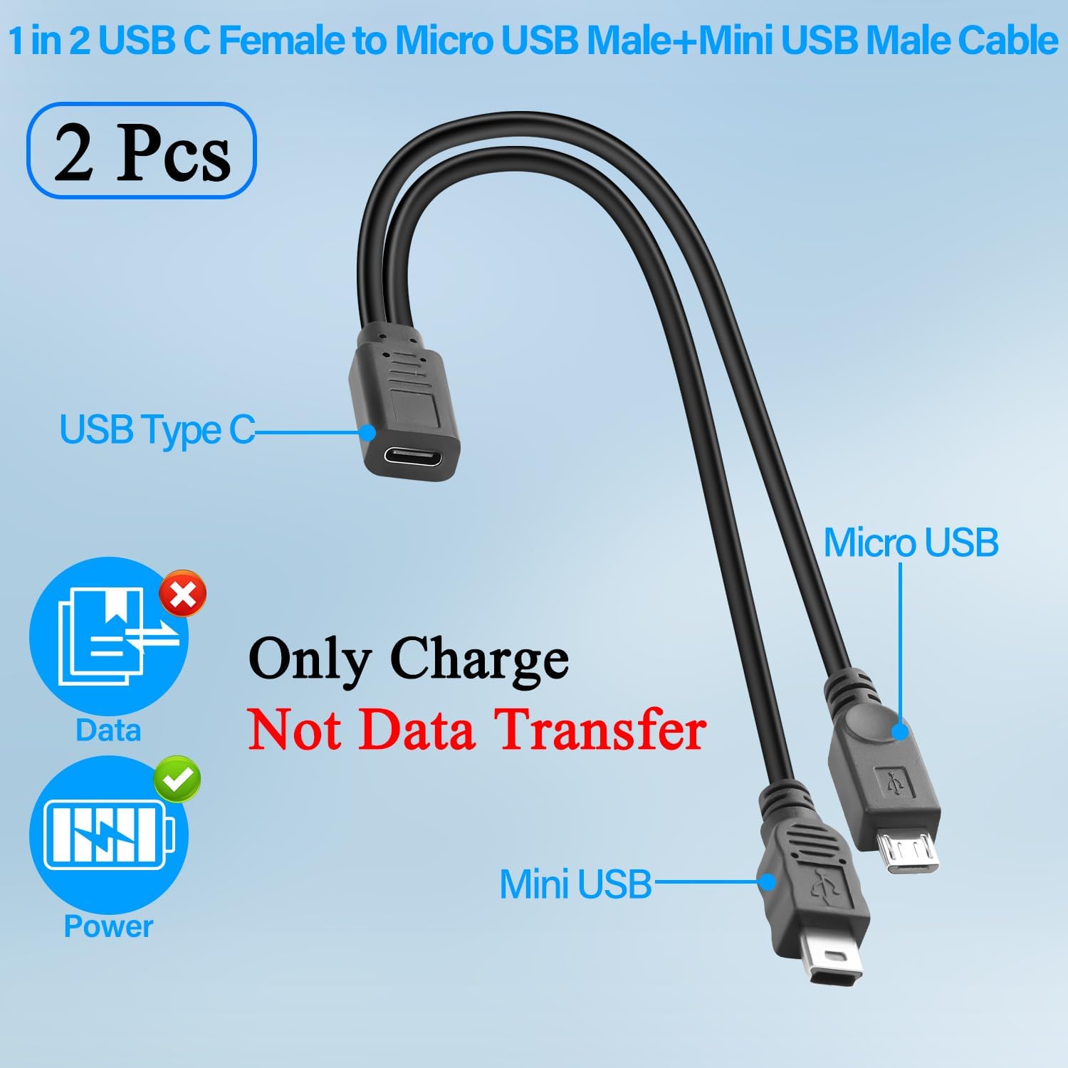 QIANRENON USB C to Micro & Mini USB Splitter Charging Short Cable 1 in 2 USB Type C Female to Micro USB Male+Mini USB Male Y Connector Extension Cable 5V3A, No Data Transfer, 30cm/11.8in, 2Pcs image 2