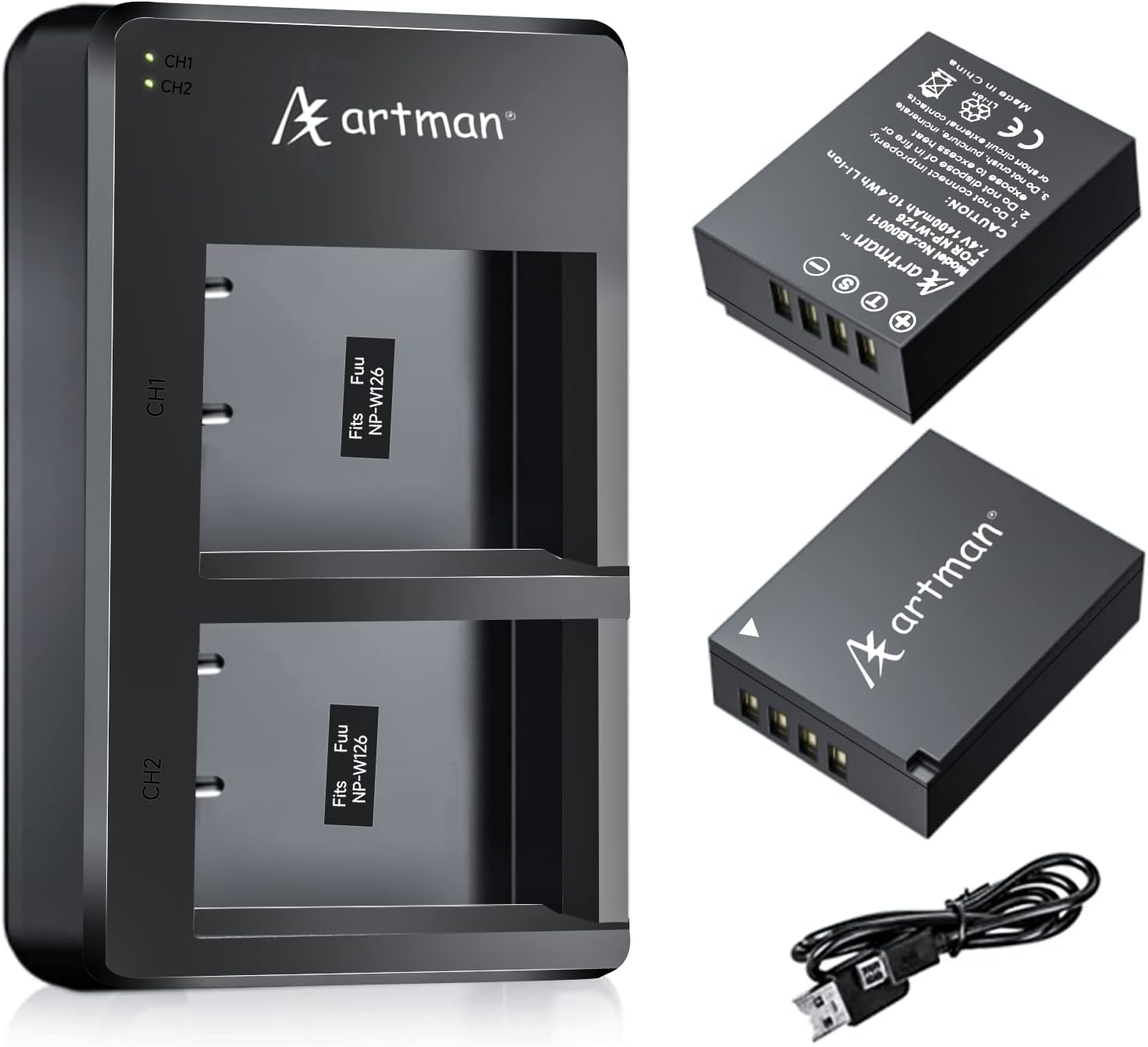 Artman NP-W126 NP-W126S Battery 2-pack and USB Dual Charger Compatible with Fujifilm X-T1 X-T2 X-T3 X-T10 X-T20 X-T30 X-T30 II X-T100 X-T200 X100F X100V X-S10 X-A5 X-A10 X-E4 X-Pro2 X-Pro3