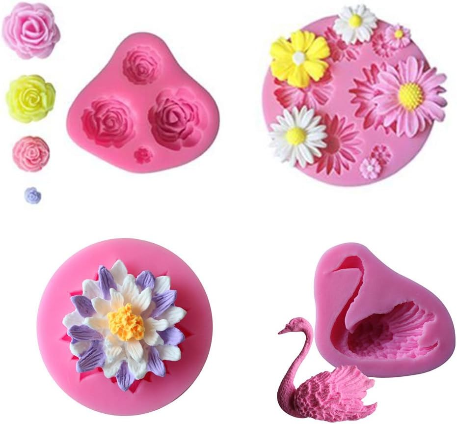 Mini Flower Fondant Mold, Rose Mold Lotus Mold Daisy Mold Swan Mold Cupcake Topper Fondant Chocolate Mold, Set of 4