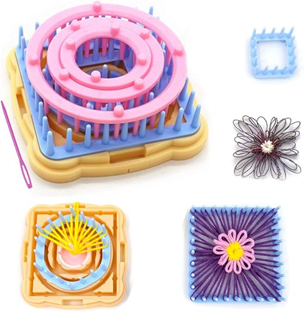 Flower Loom, Round Knitting Loom Set with 1 Plastic Needles for Flower Weaving Loom Knitting Machine Accessories, 9 Pcs Knitting Looms Set Round/Square Knitting Loom Craft Kit Multi Color (A)