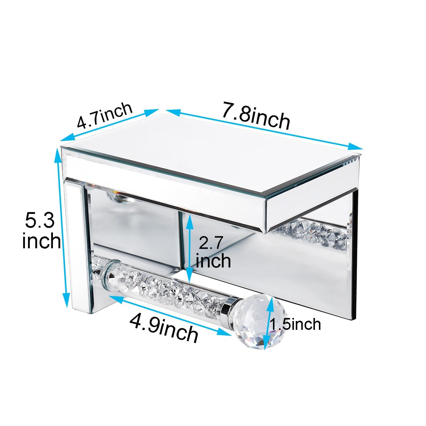 Crystal Crush Diamond uchwyt na papier toaletowy z lustrzaną półką – nowoczesne, montowane na ścianie, srebrne akcesoria łazienkowe, efektowny uchwyt na papier toaletowy do eleganckiego wystroju