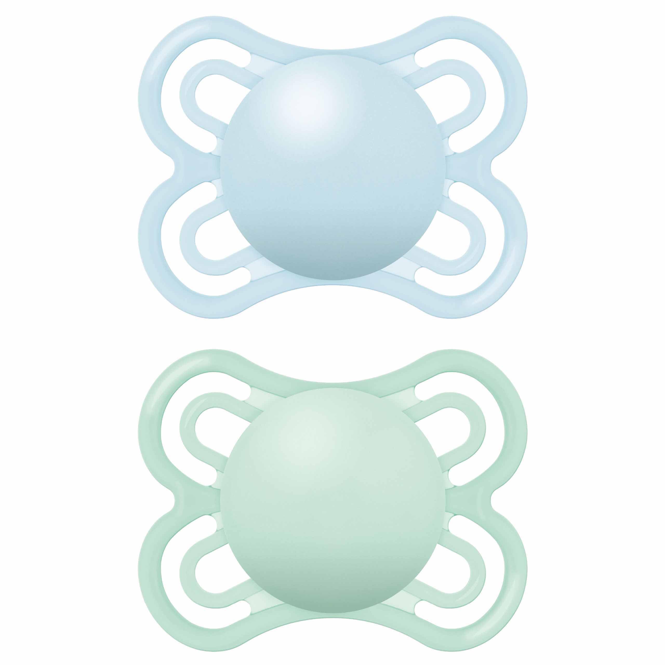 MAM Perfect Soothers | 0-6 Months | 2 Pack | Newborn Dummies | Comes in Dummy Steriliser Case | Sustainable Materials | Baby Accessories for Newborn | Blue (Various Designs)