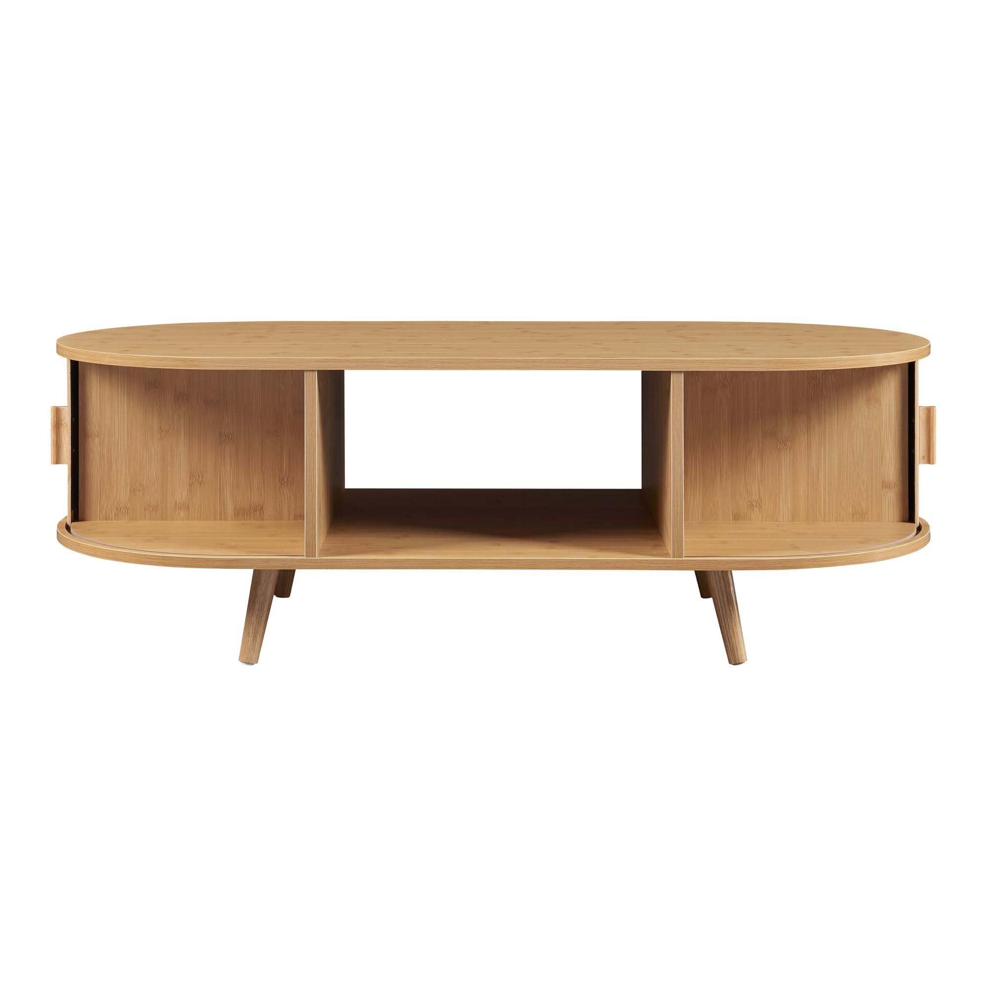 [en.casa] Tavolino da Salotto Tavolino da Caffè con Piano Ovale Scomparti e Ante Scorrevoli Tavolino Basso Tavolino Centrale per Soggiorno 120 x 55 x 40 cm Naturale