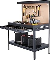 Simpli-Magic 48-Inch Heavy Duty Workbench with Power Outlets, Fluorescent Light, Pegboard & Drawers - 500 lbs Capacity
