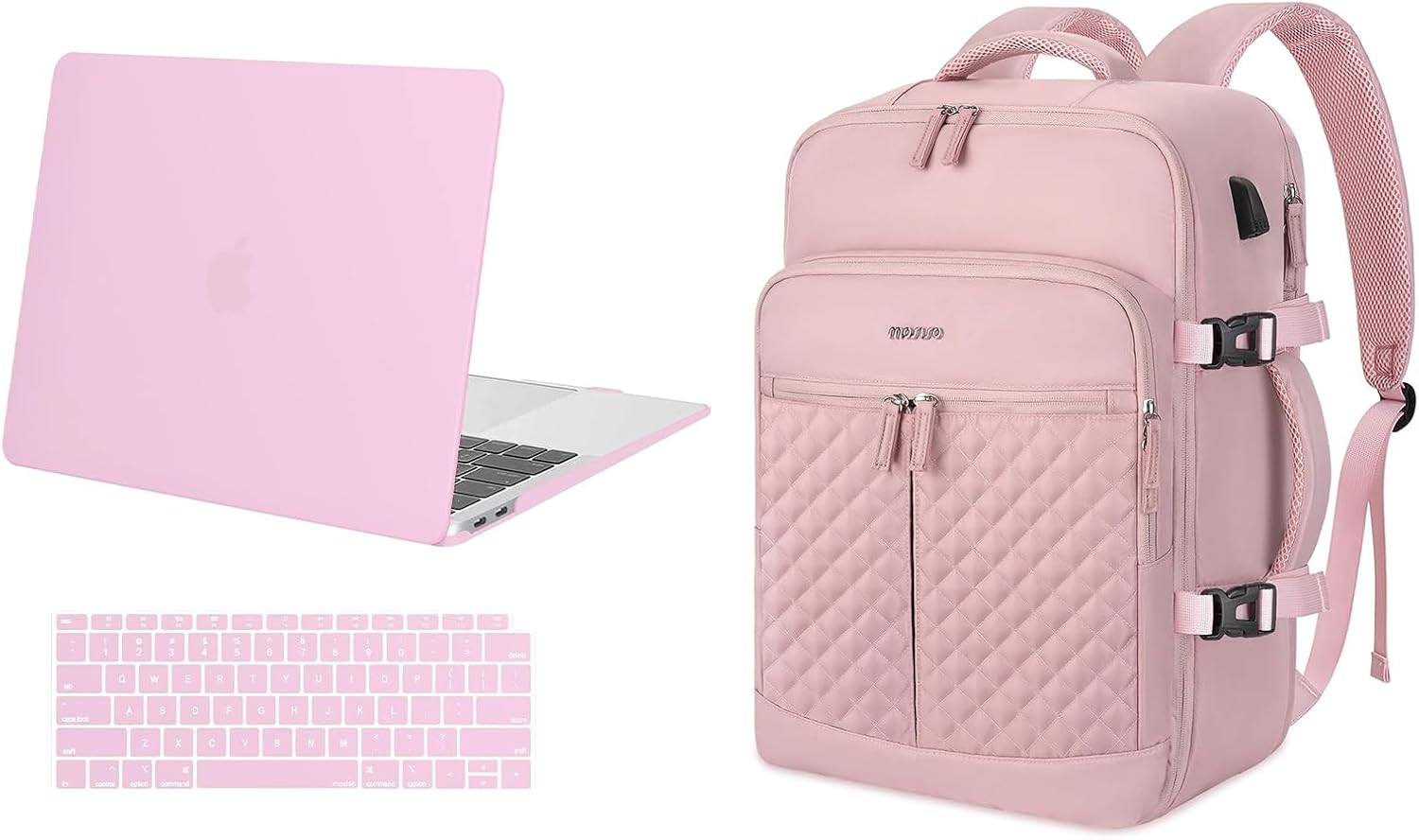 MOSISO 40L Rhombus Quilted Travel Backpack with Drawstring Bag&Compatible with MacBook Air 13 inch Case 2022-2018 A2337 M1 A2179 A1932 Touch ID, Hard Shell Cover&Keyboard Cover, Clear Pink&Pink