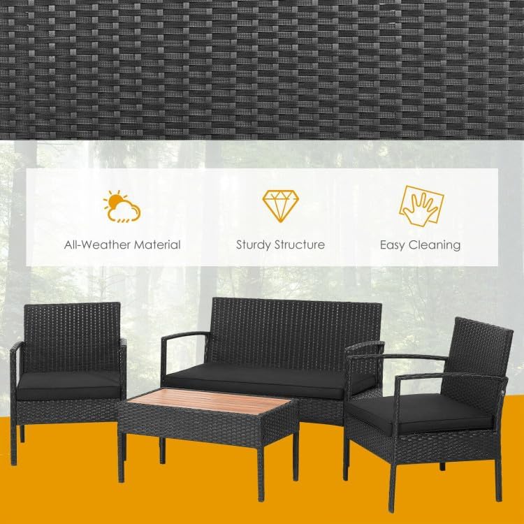 Image of PRATHAM India Outdoor Indoor 4-Piece Patio Furniture Sofa Set Conversation Set Waterproof with Washable Soft Cushion and Center Table Wicker for Balcony and Gardens