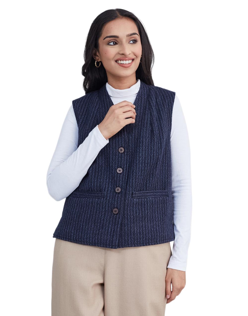 fabindia Women Wool Black-Blue Hand Woven V-Neck Sleeveless Relax Regular Fit Jacket-picture-12
