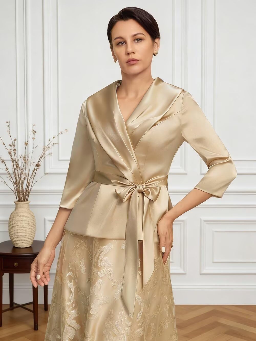 Women's 2 Pieces Mother of The Bride Dresses for Wedding V-Neck Satin Formal Suit Laces Sequin Evening Gowns