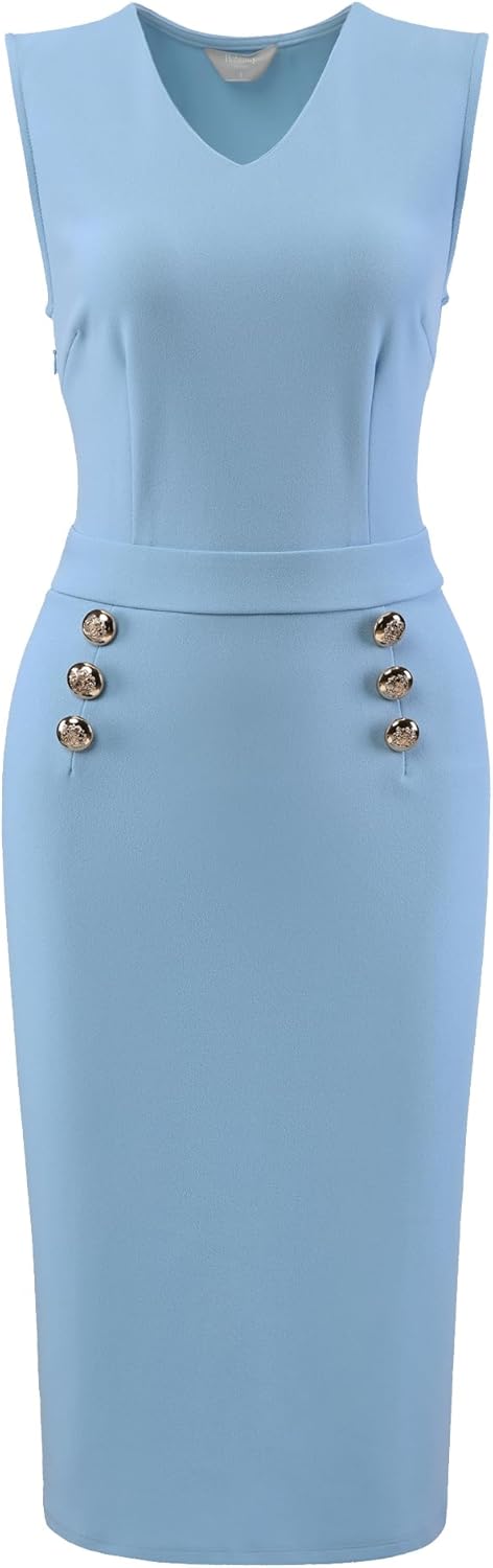 Women's V Neck Sleeveless Pencil Dress Summer Work Office Bodycon Knee Length Dresses