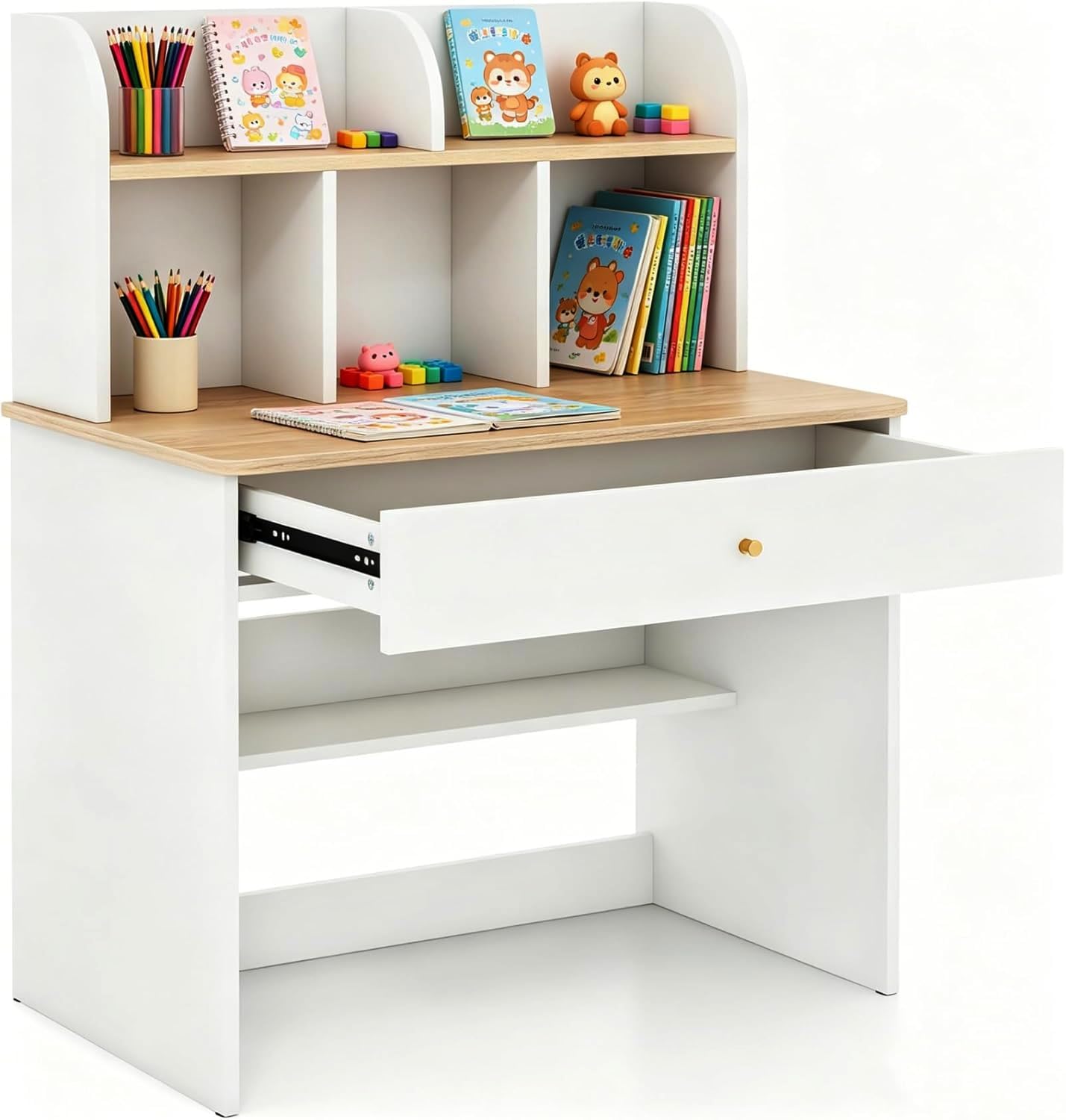 LIFEZEAL Bureau Enfant avec Rangement, Table d'étude en Bois Blanc, Grand Tiroir, pour Garçon Fille 3+ Ans