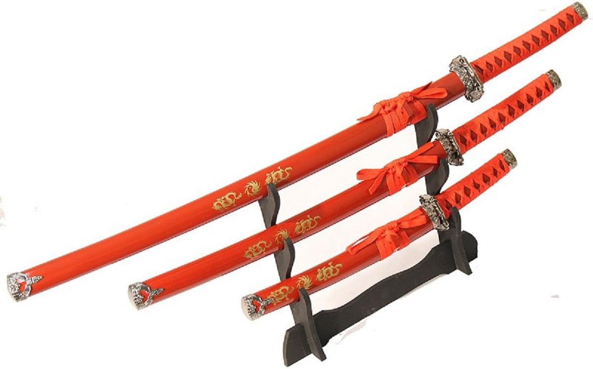 3 Pc Red Katana Ying Yang symbol Sword Set-L8