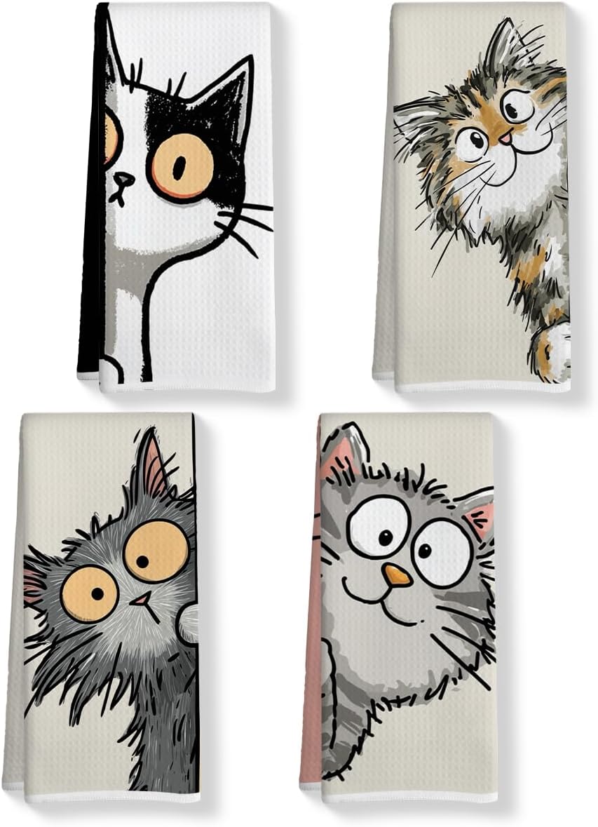 4 Pcs Funny Cat Kitchen Towels, Cute Cats Gifts Absorbent Tea Towel