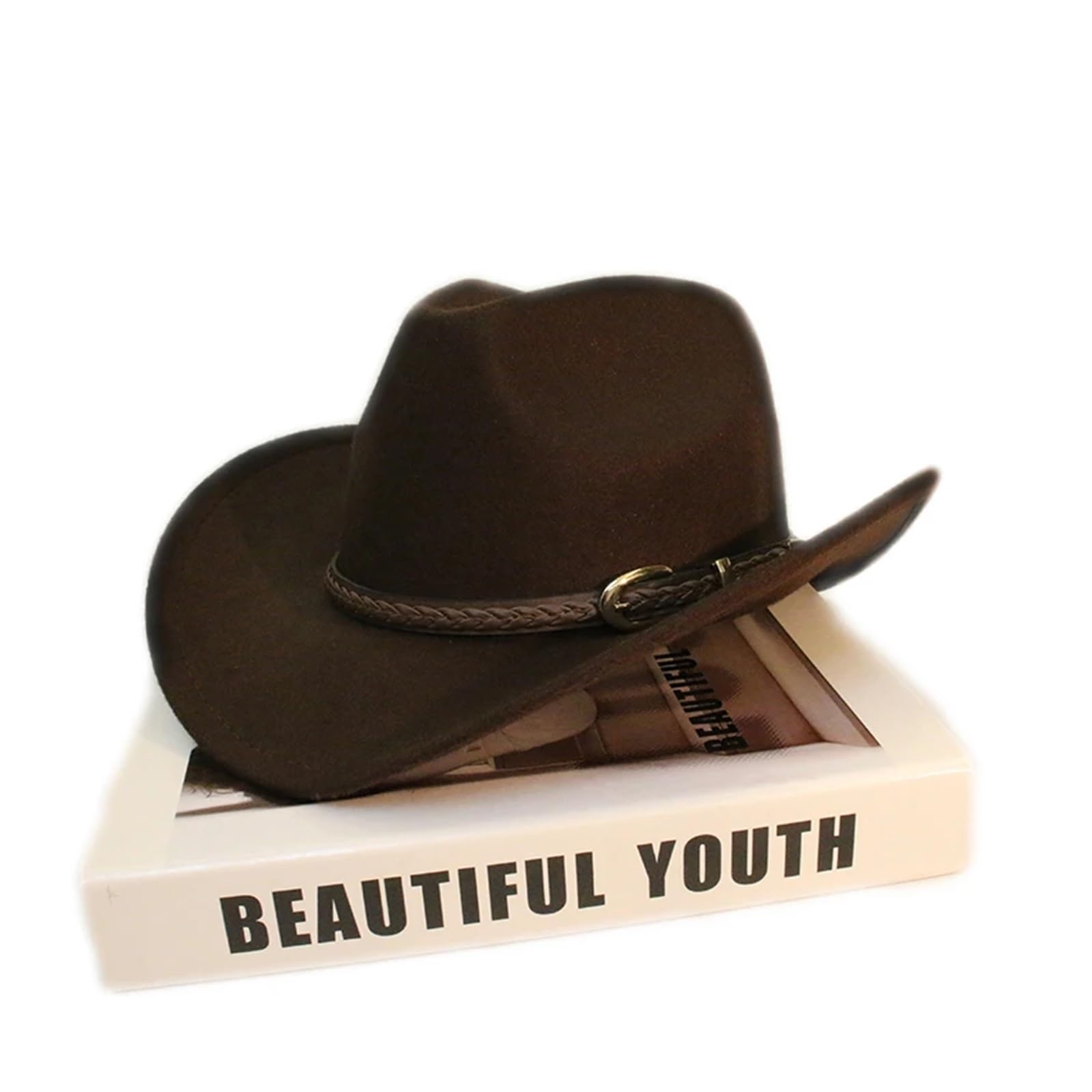 Cappello Cowboy Cappello da Cowboy Western con Tesa Larga in Lana Vintage Cinturino in Pelle Color caffè, Modello Cowgirl(Brown,57cm)