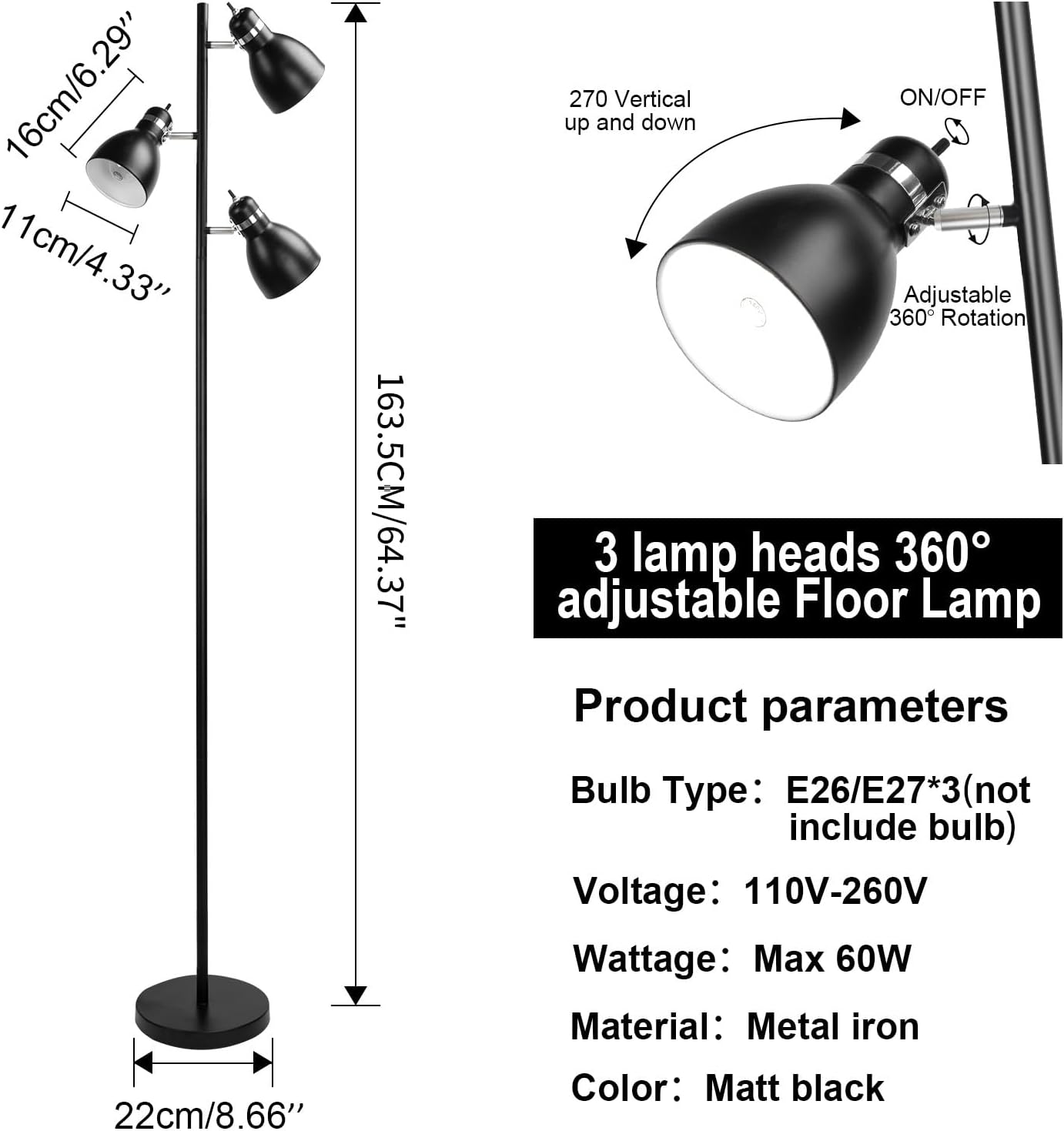 FIRVRE Modern Tree Floor Lamp for Living Room, Industrial 3-Light Standing Lamp, Black Adjustable Rotation Heads, Iron Farmhouse Rustic Reading Lamp for Bedroom Office