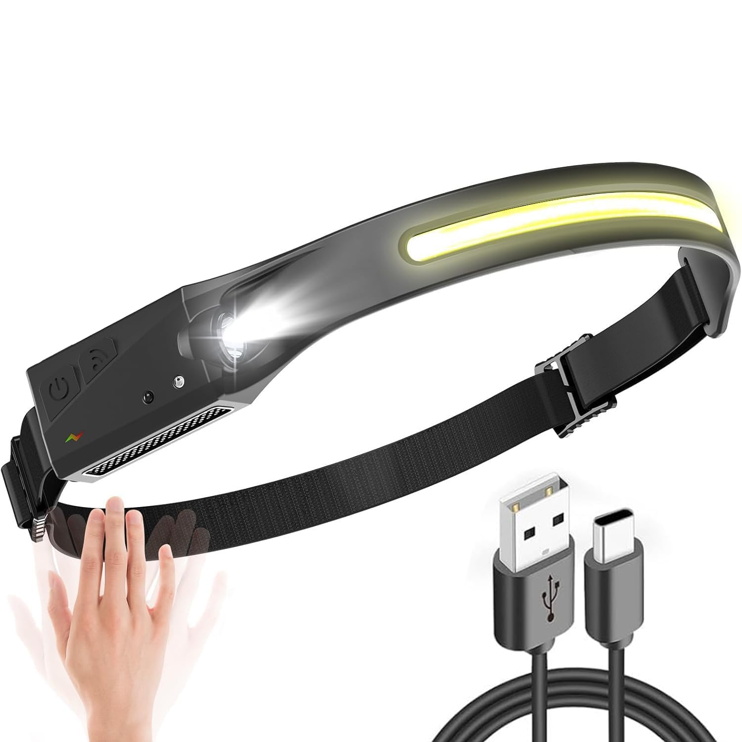 Head Torch Rechargeable, Super Bright COB Headlamp Headlight with Sensor Control & Red Lights, 8 Light Modes, Spotlight Floodlight Combination, Waterproof, Long Battery Life for Work,Emergency