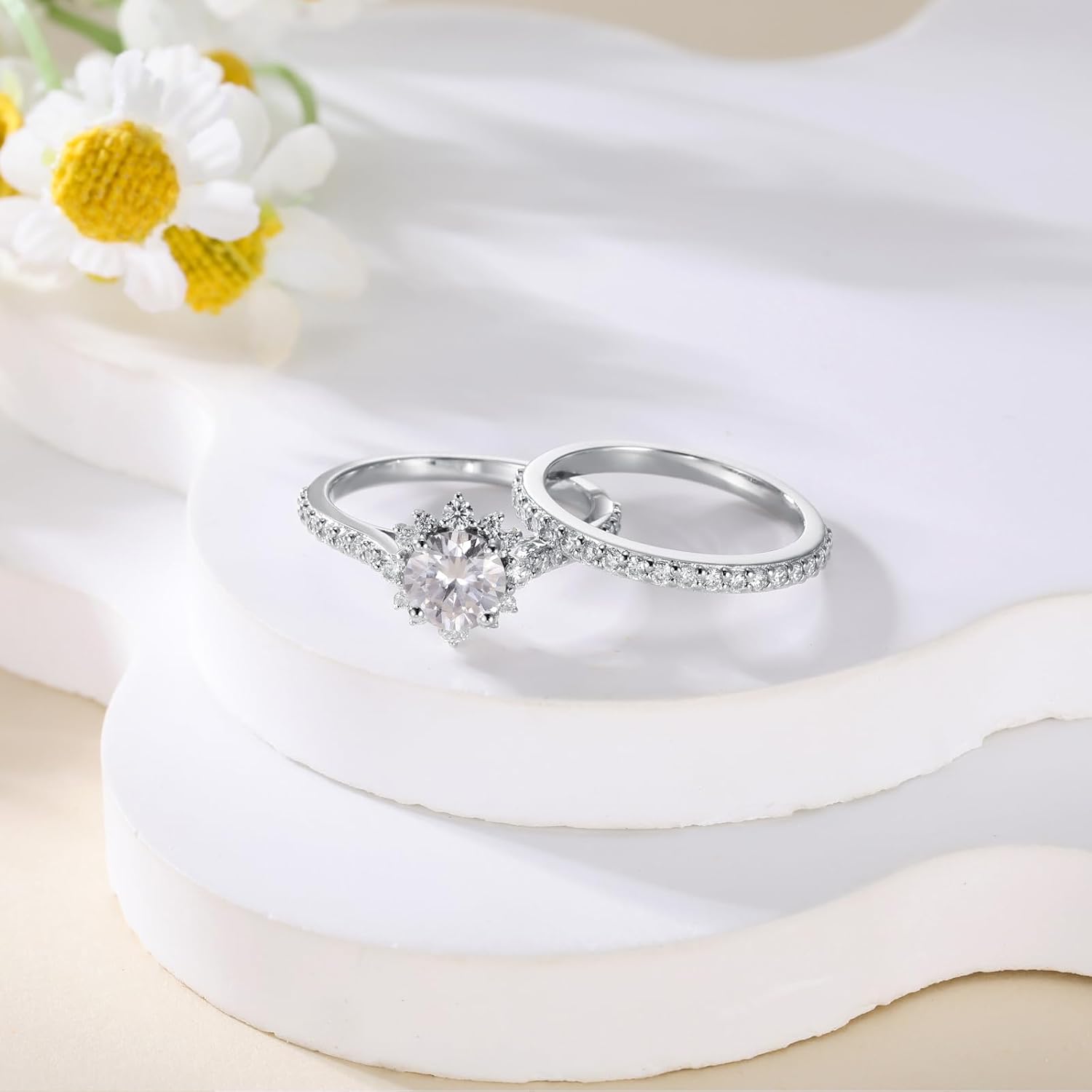 1.7 Carat (ctw) Round Cut Moissanite Bridal Sets Wedding Engagement Ring Sets for Women, White Gold Wedding Band Engagement Rings, Customizable Sterling Silver, 10k gold, 14k gold, 18k gold