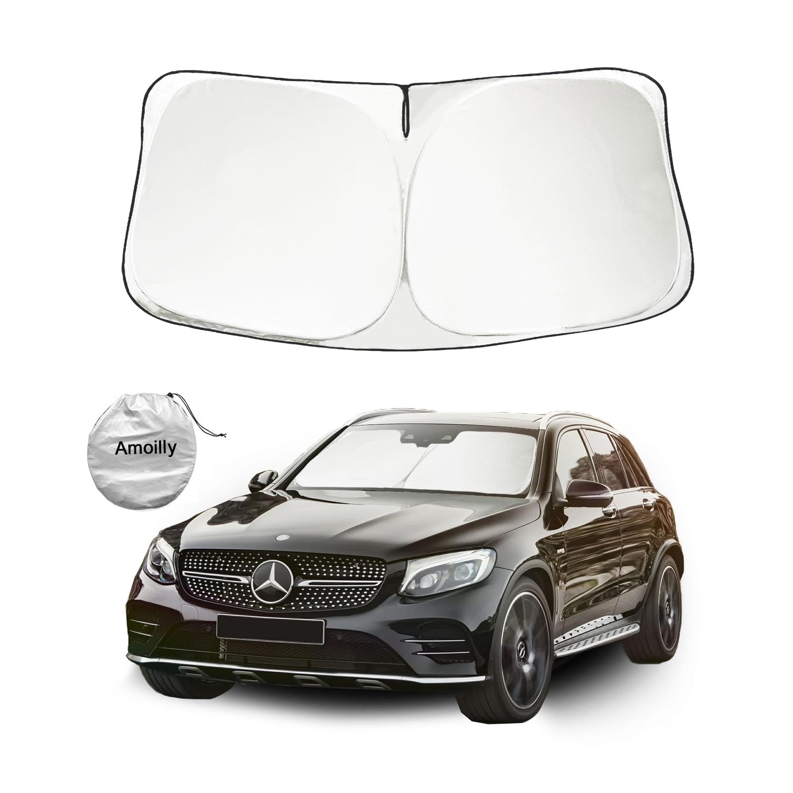 Amoilly Car Sun Shade, Foldable White Windshield Sunshade for Normal Cars, Thickened Titanium Silver Car Shade for UV Protection, Car Accessories 145 * 85cm (White-L)