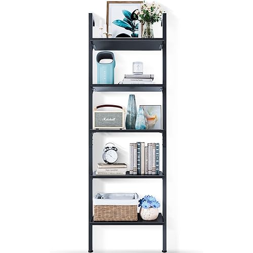 ODK 5-Tier Ladder Shelf, 74 Inches Wall Mounted Ladder Bookshelf with Metal Frame, Open Industrial Shelves for Home Office, Bedroom and Living Room, Black