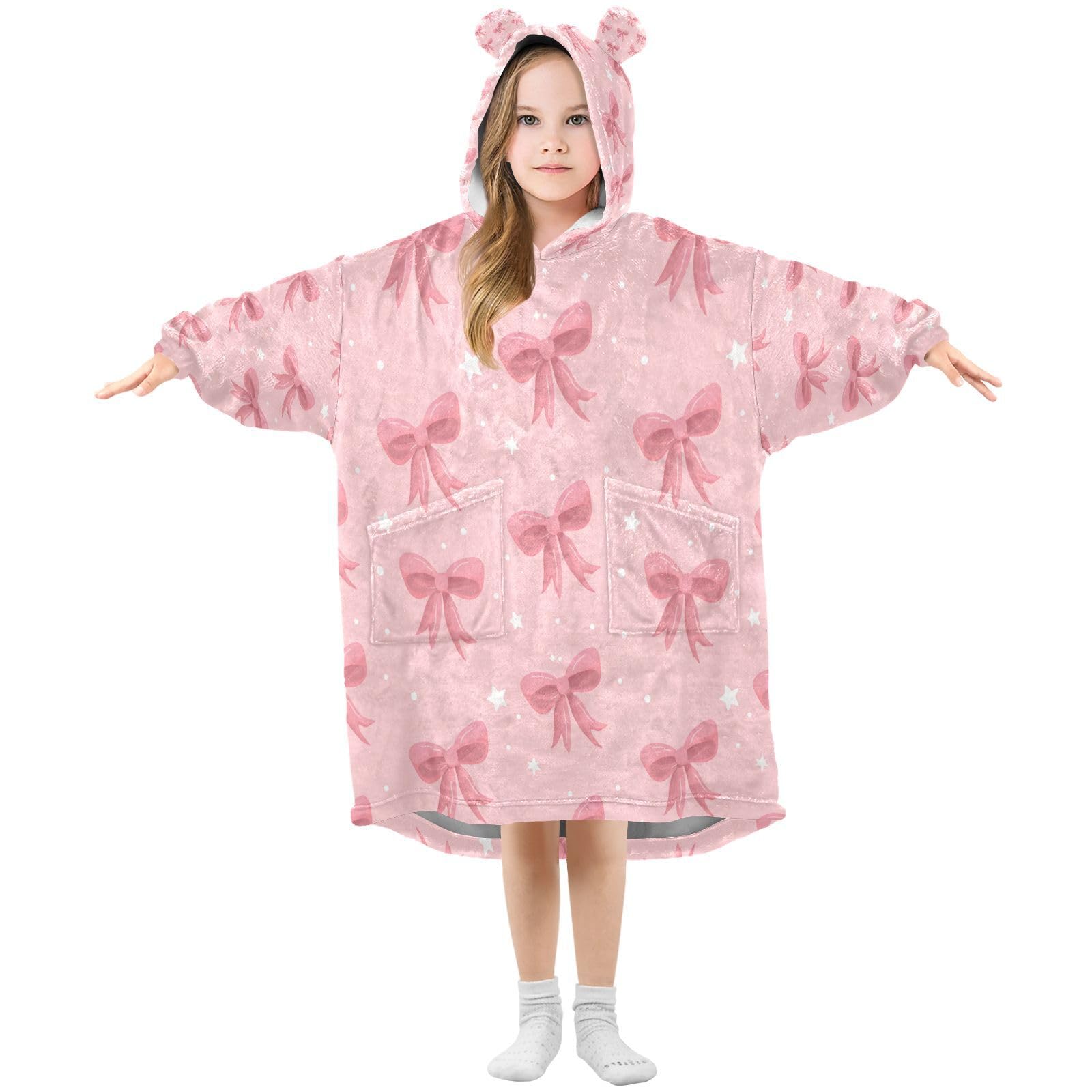 Ewusp Pink Bows Wearable Blanket Hoodie for Kids Oversized Hooded Sweatshirt Flannel Blanket with Pocket