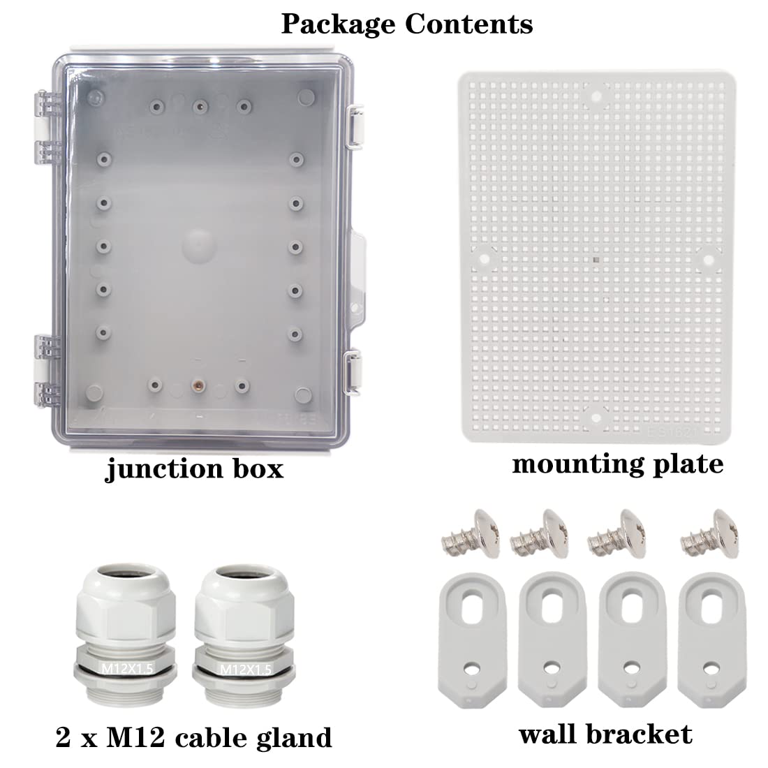 Zulkit Junction Box,IP67 Waterproof Electrical Box Hinged Clear Cover Stainless Steel Buckle Plastic Project Enclosure w Mounting Plate Wall Bracket and 2 Cable Gland 8.3"x6.3"x3.9"/210x160x100mm