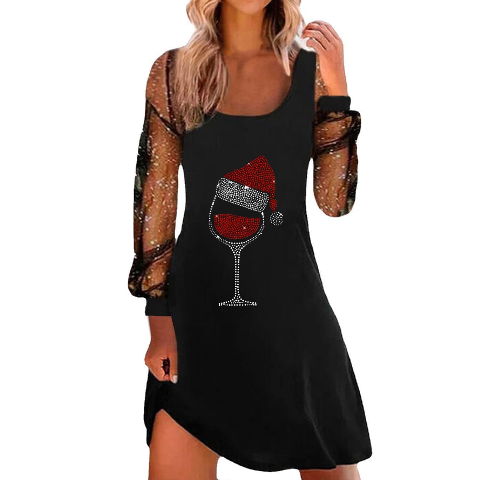Women Christmas Dresses UK Sexy Spaghetti Strap Tank Dress with Mesh Long Sleeve Santa Xmas Dresses Plus Size Women's Soft Santa Costume for Chirstmas Party Prom