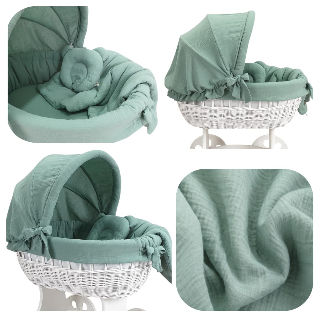 Wiklinopol Baby Bettwäsche Set 5-teilig Musselin Verdeck 110 cm Khaki | Stubenwagen Bezug Set, Babybettwäsche aus 100% Baumwolle, Decke 70x80 cm, Kissen 25x30 cm, Spannbettlaken, Einlage Ø 260 cm