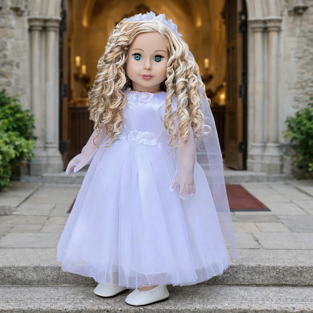 Little Angel – 5 Piece First Communion Outfit for 18 Inch Dolls – White Satin Dress, Long Veil, Crown, Gloves & White Shoes – Complete Doll Communion Set (Doll Not Included)