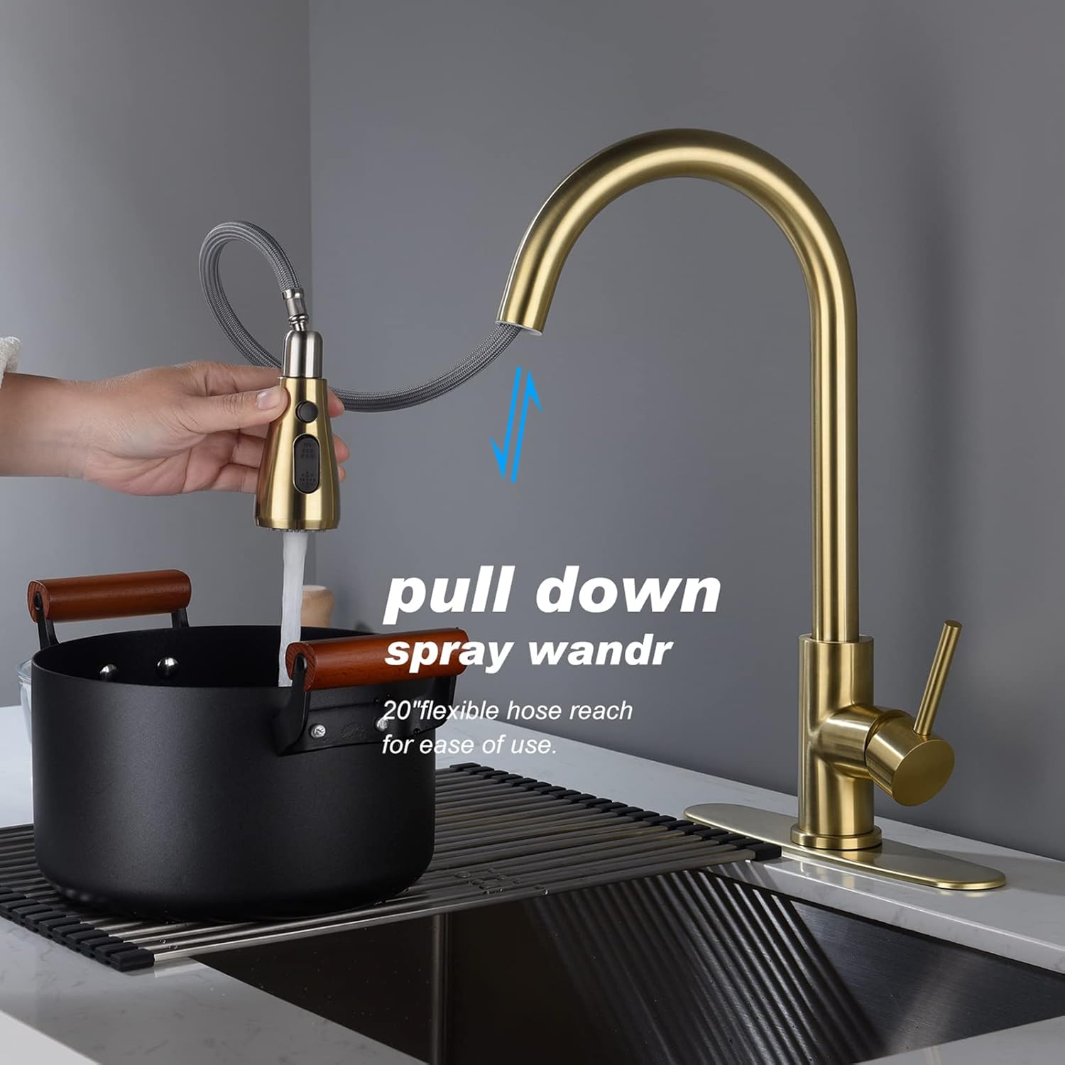 Kitchen Faucet with Pull Down Sprayer, Single Handle Kitchen Sink Faucet, High Arc Pull Out Kitchen Faucets, Brushed Nickel Stainless Steel Faucet for 1 or 3 Hole Sink, Gold