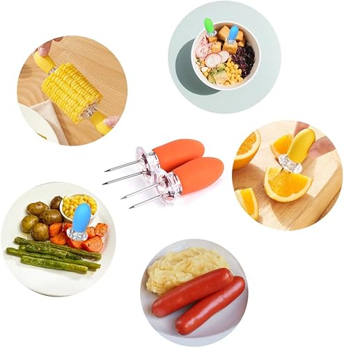 Miniatura 3 de PEOUWNES - 16 unidades8 pares de soportes para maíz, de acero inoxidable, brochetas de mazorca de maíz en la mazorca, brochetas de doble tenedor