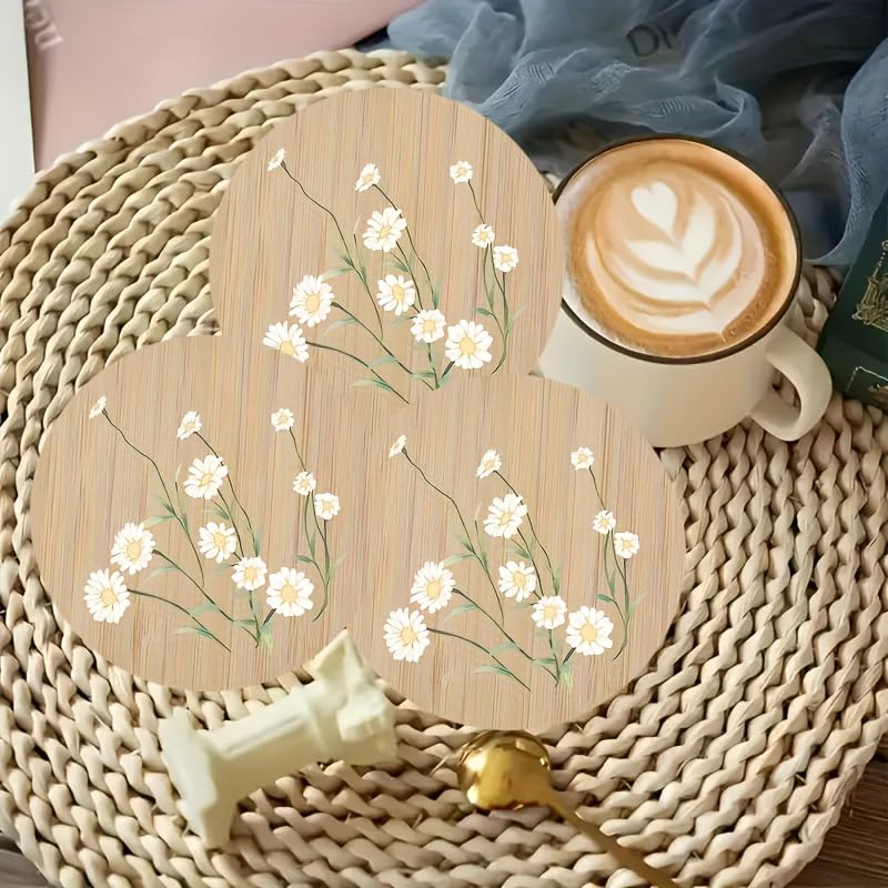 Image of 6pcs Daisy Pattern Wooden Coasters Set - Simple Style, Hand Washable, Natural Animal Theme, Ideal for Home Decor and Gifts, Festive Gift Item|Natural Theme Decor|Handwashable Coasters