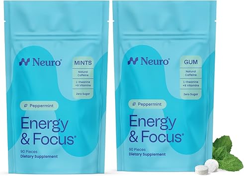 Neuro Energy & Focus Bundle - Peppermint Nootropic Gum 90ct + Mints 90ct, Natural Caffeine, L-Theanine, B12 + B6, Sugar-Free Brain Support for Clarity & Energy