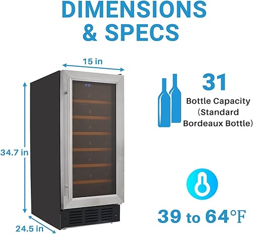Miniatura 3 de Techomey Refrigerador de vino de 15 pulgadas debajo de la encimera, 31 botellas integradasindependientes, enfriador de vino con termostato digital y