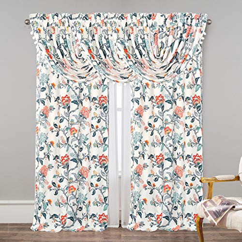 DriftAway Ada Botanical Print Lined Flower Leaf Thermal Insulated Window Valance Rod Pocket Waterfall Swag Valance with Pom Pom 52 Inch by 18 Inch Plus 2 Inch Header Ivory Orange Teal 1 Pack
