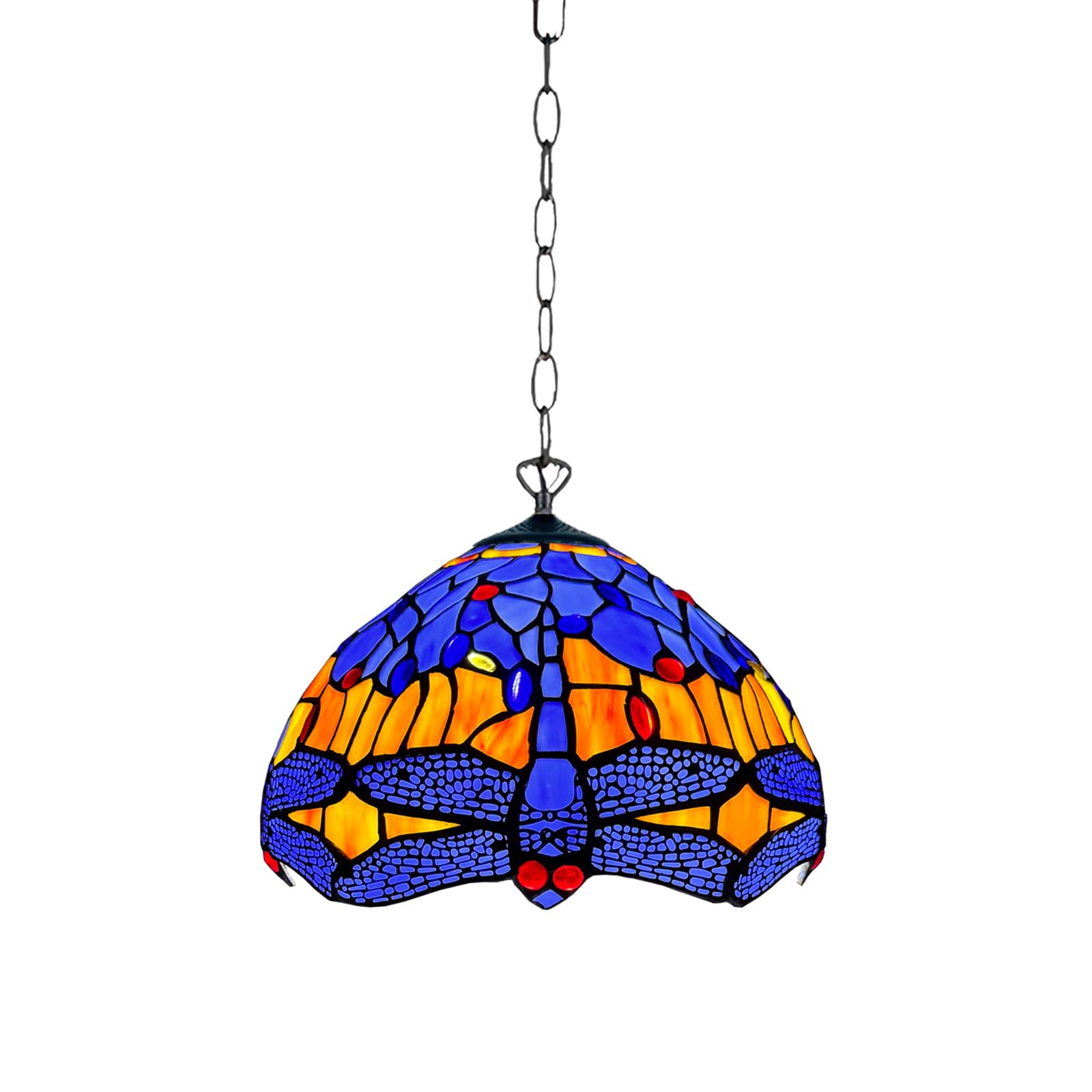Auroh Multicolor Tiffany Pendant Light 10In Blue & Amber Dragonfly - Stained Glass Shade