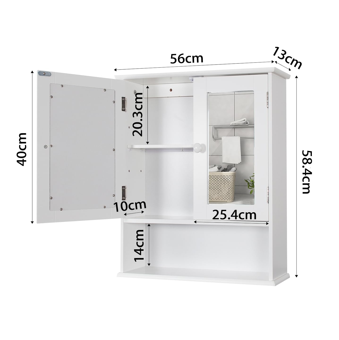 Spiegelschrank, Badezimmerschrank,Spiegelschrank Bad,Badezimmerschrank Hängend Hängeschrank Bad,Badschrank mit 2 Spiegeltüren und offenem Fach,Hölzerner Bathroom Cabinet,13 x 56 x 58 cm,Weiß