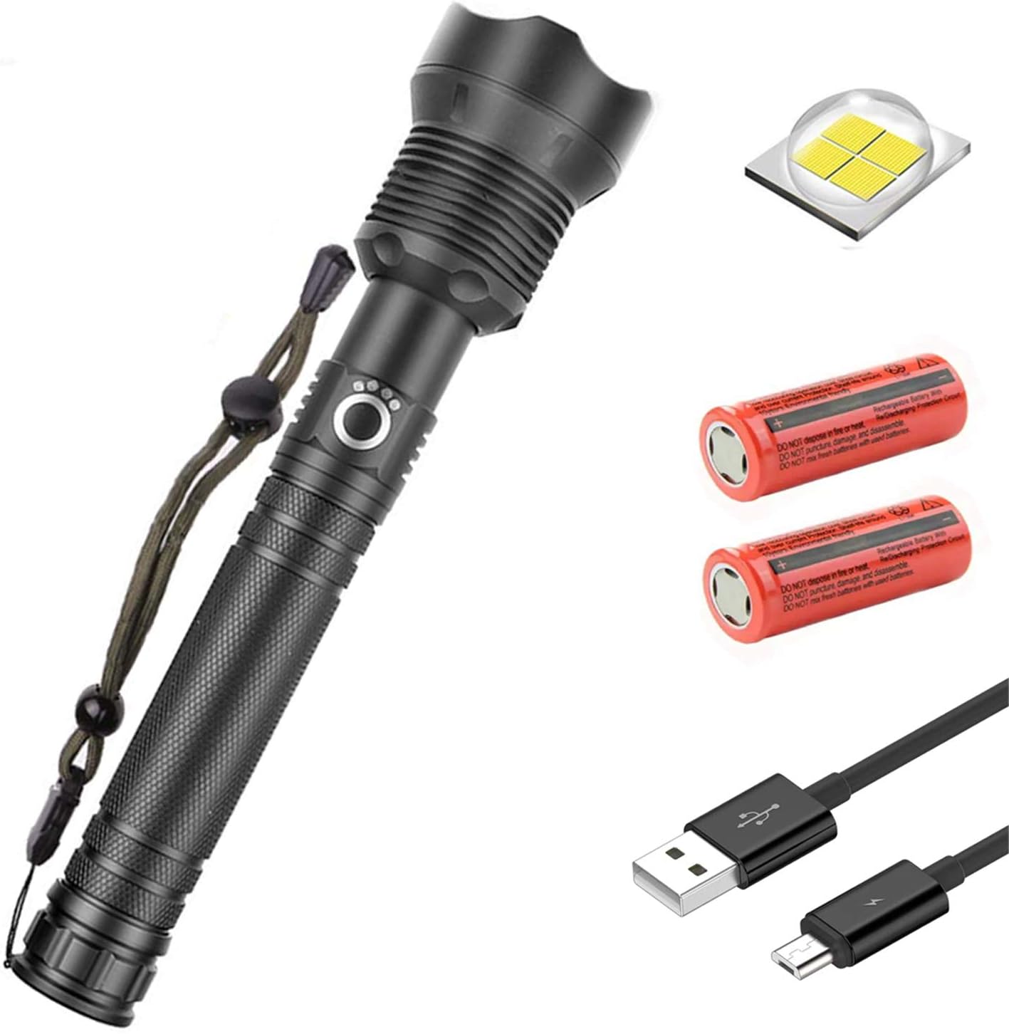 Wolf Eye Rechargeable Tactical Flashlight, Water Resistant Camping Flashlight,Super Bright Portable Outdoor Torch Light Zoomable Flashlight with Power Display(90000 Lumens) (xph90)