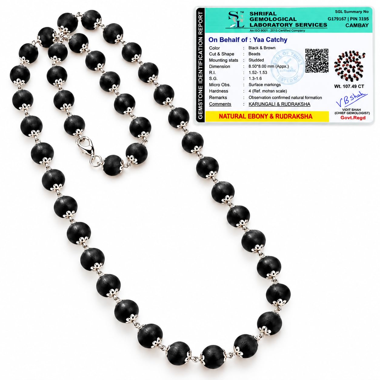 Yaa Catchy Karungali Mala Original Ebony Wood 54 Beads Karungali Malai with Silver Cap Plated Traditional Prayer & Meditation Mala Necklace for Men & Women, Black | Authenticity Certificate (Silver Cap Plated 8mm)