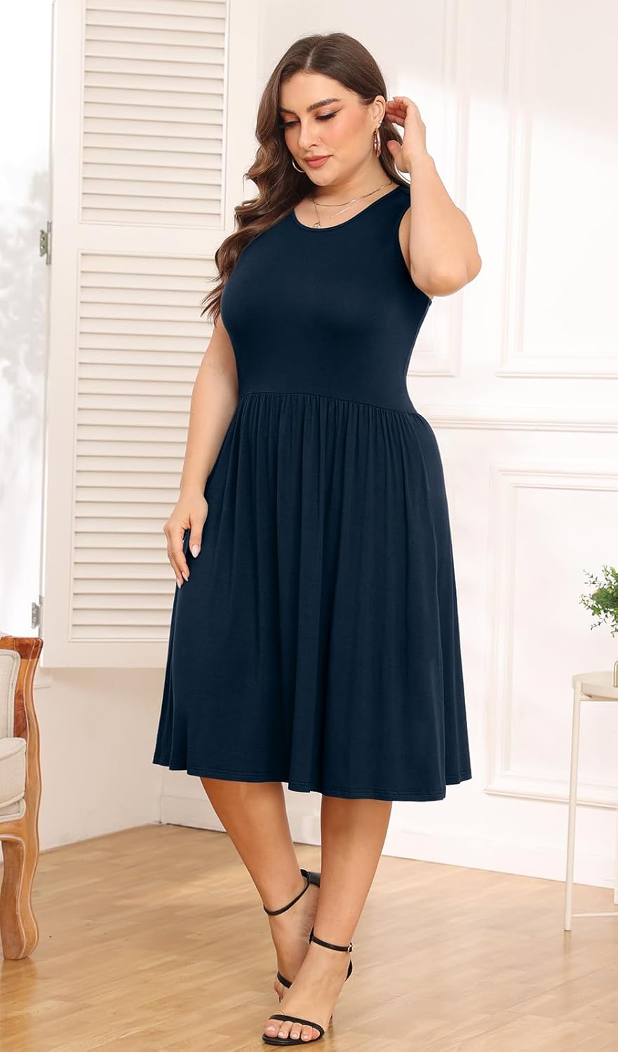 POSESHE Womens Plus Size Dress 2024 Summer Round Neck Sleeveless Casual Empire Waist Loose Fit Swing Tank Dress with Pockets - Image 3