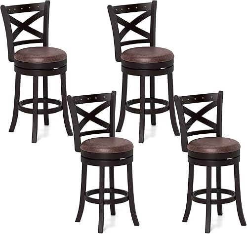 Giantex Juego de 4 taburetes de bar giratorios de 26 pulgadas, taburetes de bar con respaldo, reposapiés y marco de madera de goma, asiento tapizado
